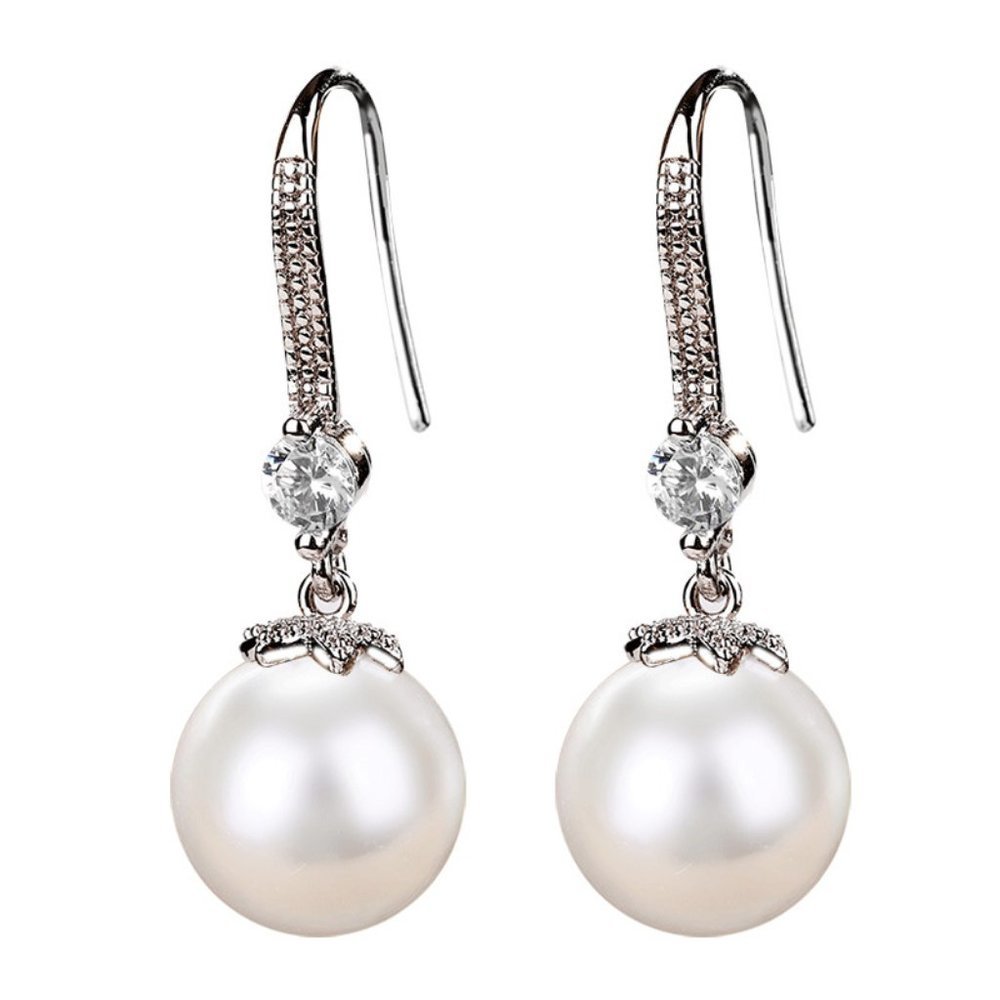 NEW Silver Round Diamond Pearl Drop Hook Earrings - Picture 5 of 5